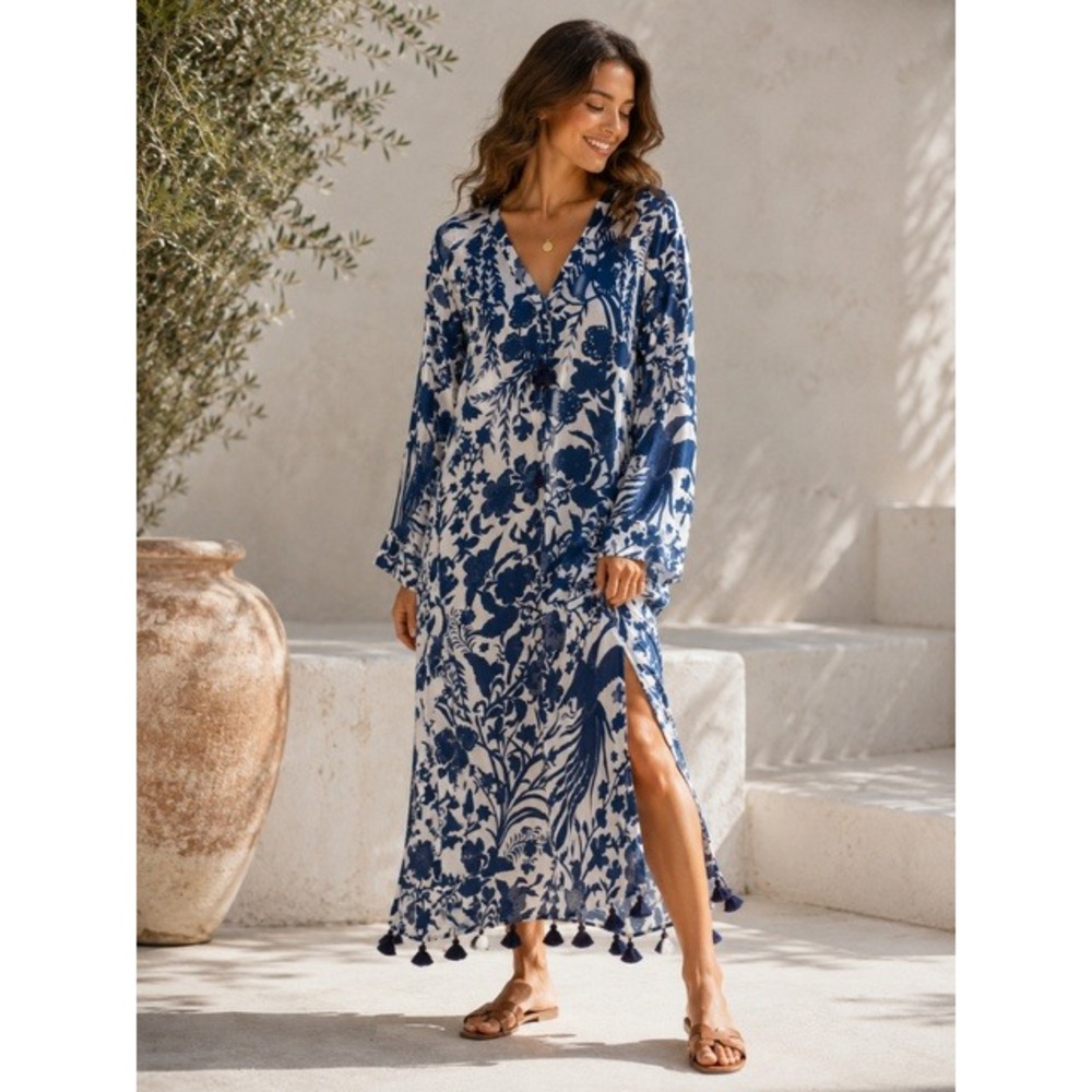 Figue Blue White Floral Tassel Midi Dress Kaftan Viscose L Boho Resort Tropical